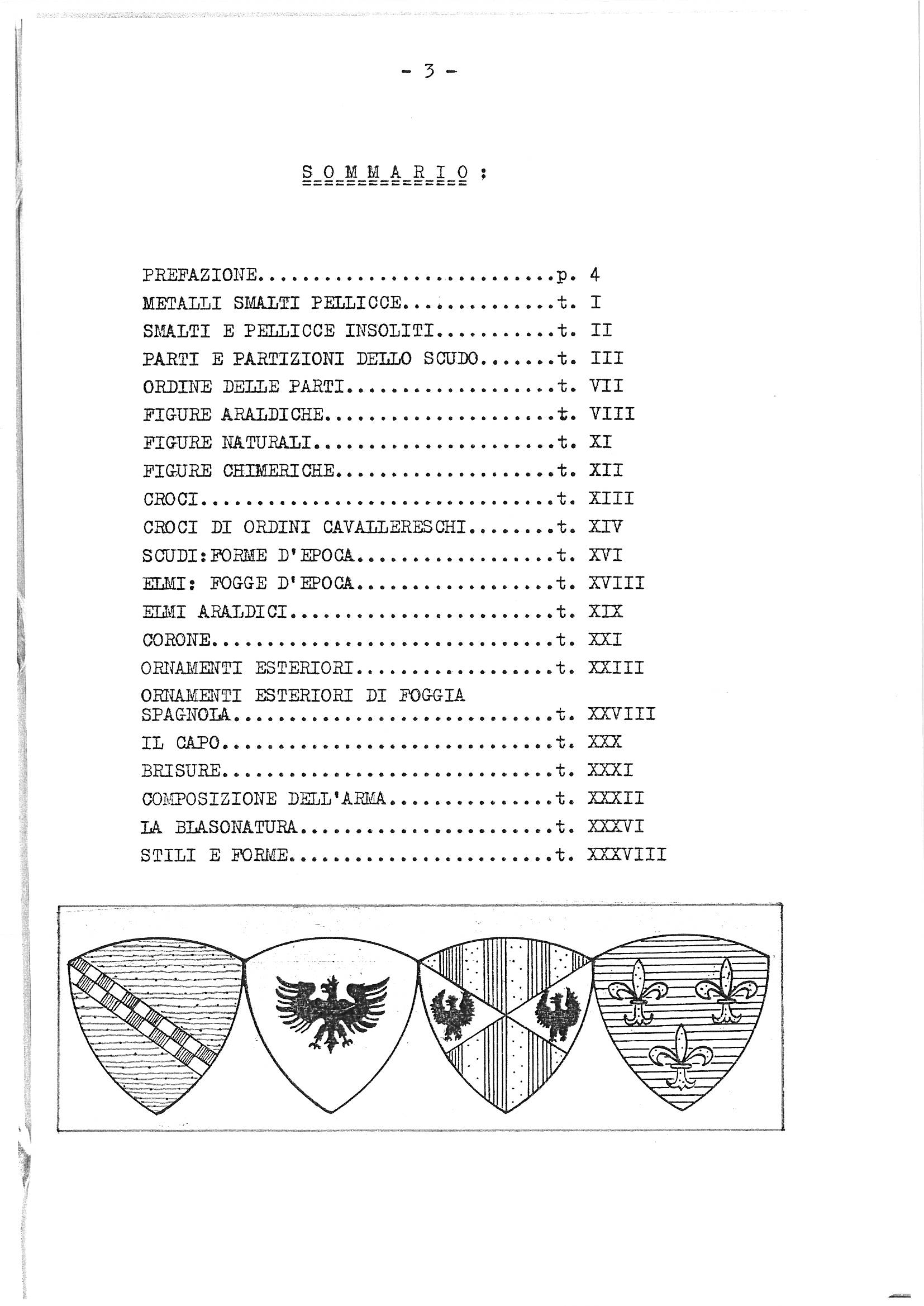 Page 3 of the Italian heraldry guide showing a table of contents (Sommario) with 22 chapters and sections listed with their corresponding page numbers in Roman and Arabic numerals, followed by a decorative illustration displaying four historical heraldic shields in various styles and patterns arranged in a horizontal row.