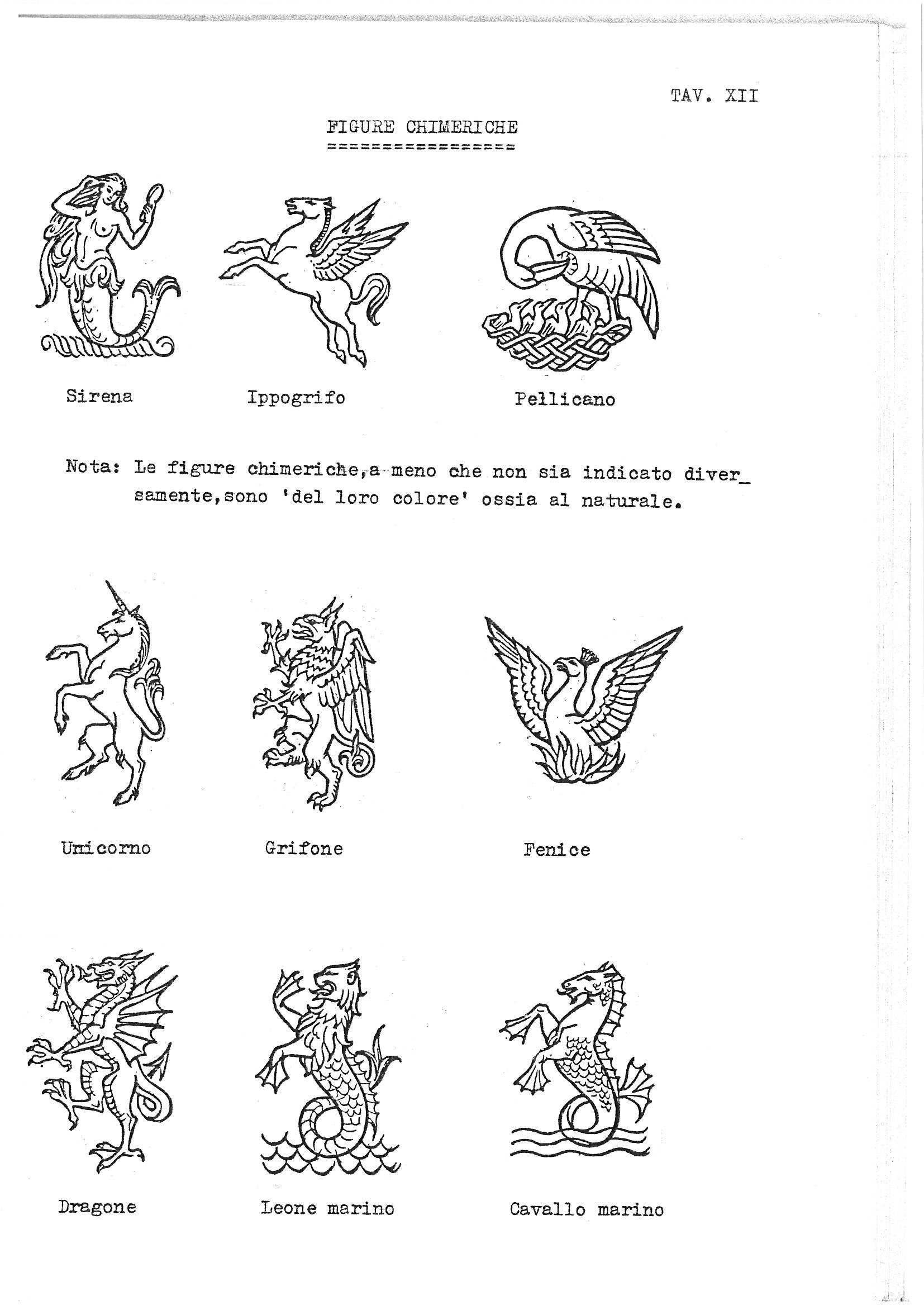 Plate XII (TAV. XII) from an Italian heraldry guide titled "Figure Chimeriche" (Chimeric Figures), displaying nine heraldic creatures arranged in three rows of three illustrations each. The top row shows a Sirena (mermaid), Ippogrifo (hippogriff), and Pellicano (pelican); the middle row depicts an Unicorno (unicorn), Grifone (griffin), and Fenice (phoenix); the bottom row illustrates a Dragone (dragon), Leone marino (sea lion), and Cavallo marino (sea horse). A note explains that chimeric figures are depicted in their natural color unless otherwise indicated.