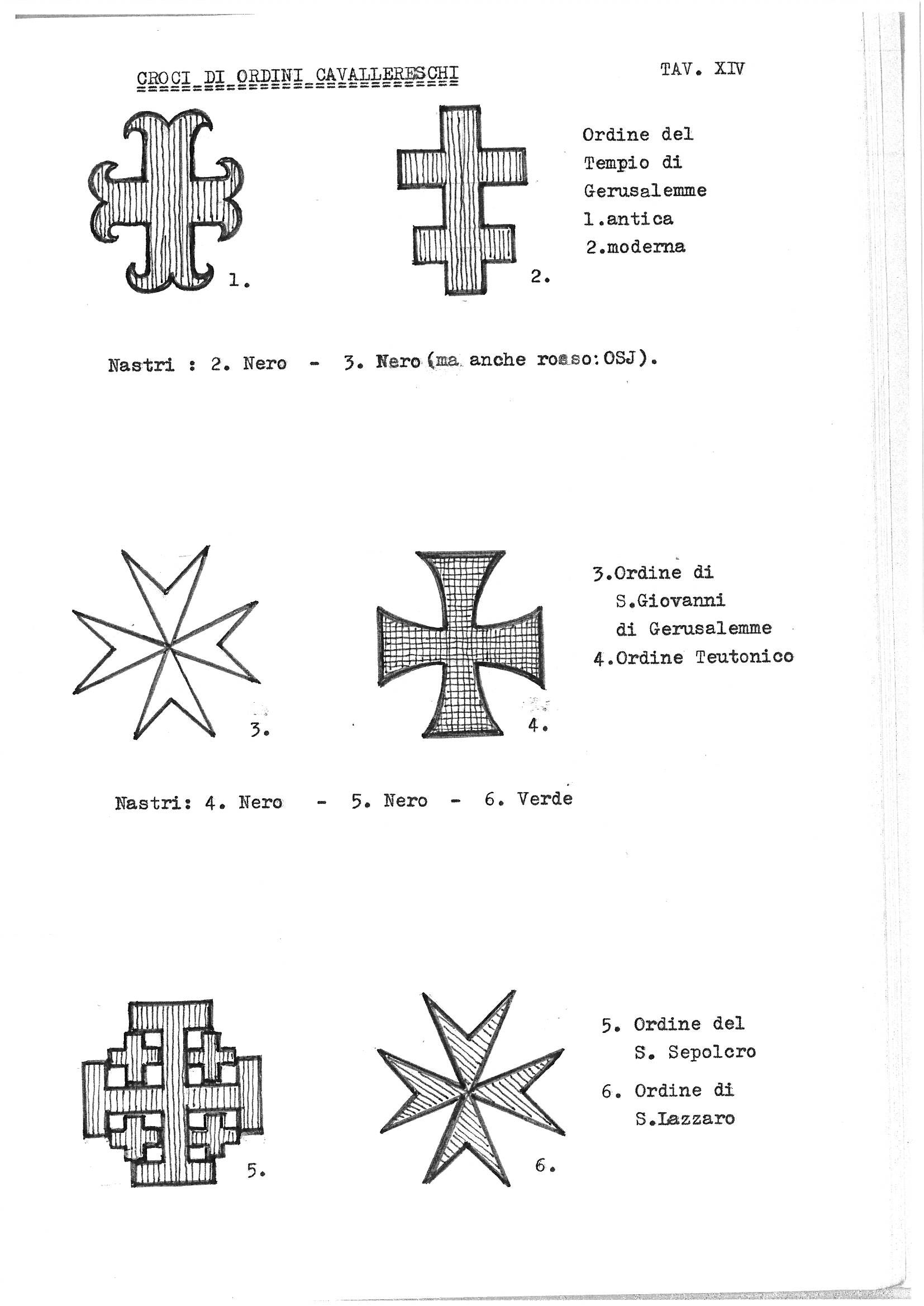 Heraldic illustration plate TAV. XIV showing "Croci di Ordini Cavallereschi" (Crosses of Chivalric Orders). The page displays six numbered heraldic crosses representing different military and religious orders: ancient and modern Temple of Jerusalem, eight-pointed stars, and the Orders of Saint John of Jerusalem, Teutonic Order, Holy Sepulcher, and Saint Lazarus. Each illustration is accompanied by heraldic tincture descriptions (colors: black, red, and green).