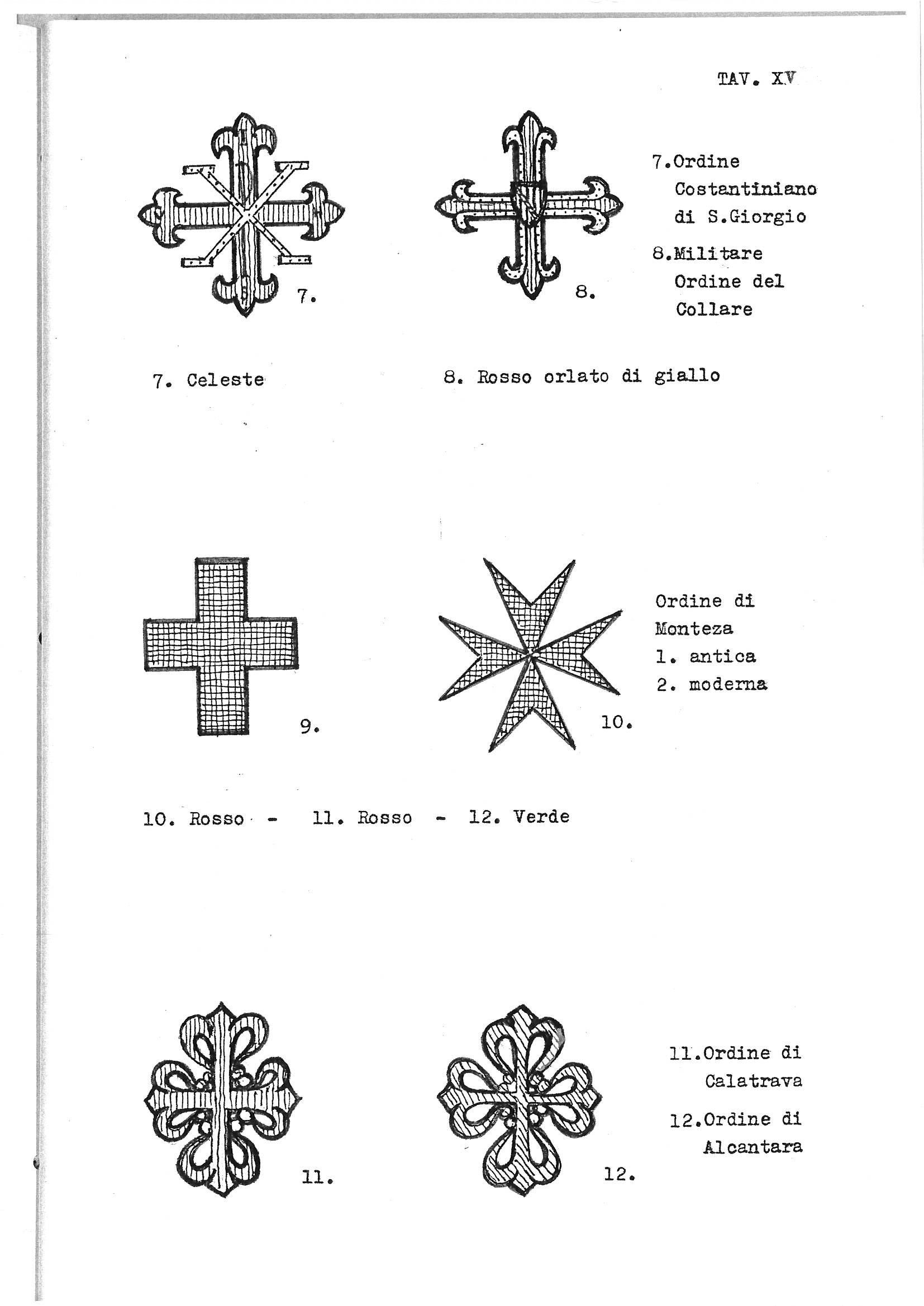 Plate TAV. XV from an Italian heraldry guide presents six line-drawn crosses of chivalric orders, numbered 7 through 12, arranged in three rows of two illustrations each. The plate continues a sequence from a preceding plate and identifies each cross with its order name and tincture. Figures 7 and 8 show elaborate floriated and fleur-de-lis-terminated crosses; figures 9 and 10 show a plain cross patée and an eight-pointed Maltese-style cross; figures 11 and 12 depict ornate floriated crosses associated with the Orders of Calatrava and Alcantara. The plate serves as a pedagogical reference for distinguishing the distinctive cross forms used by specific historical chivalric orders.