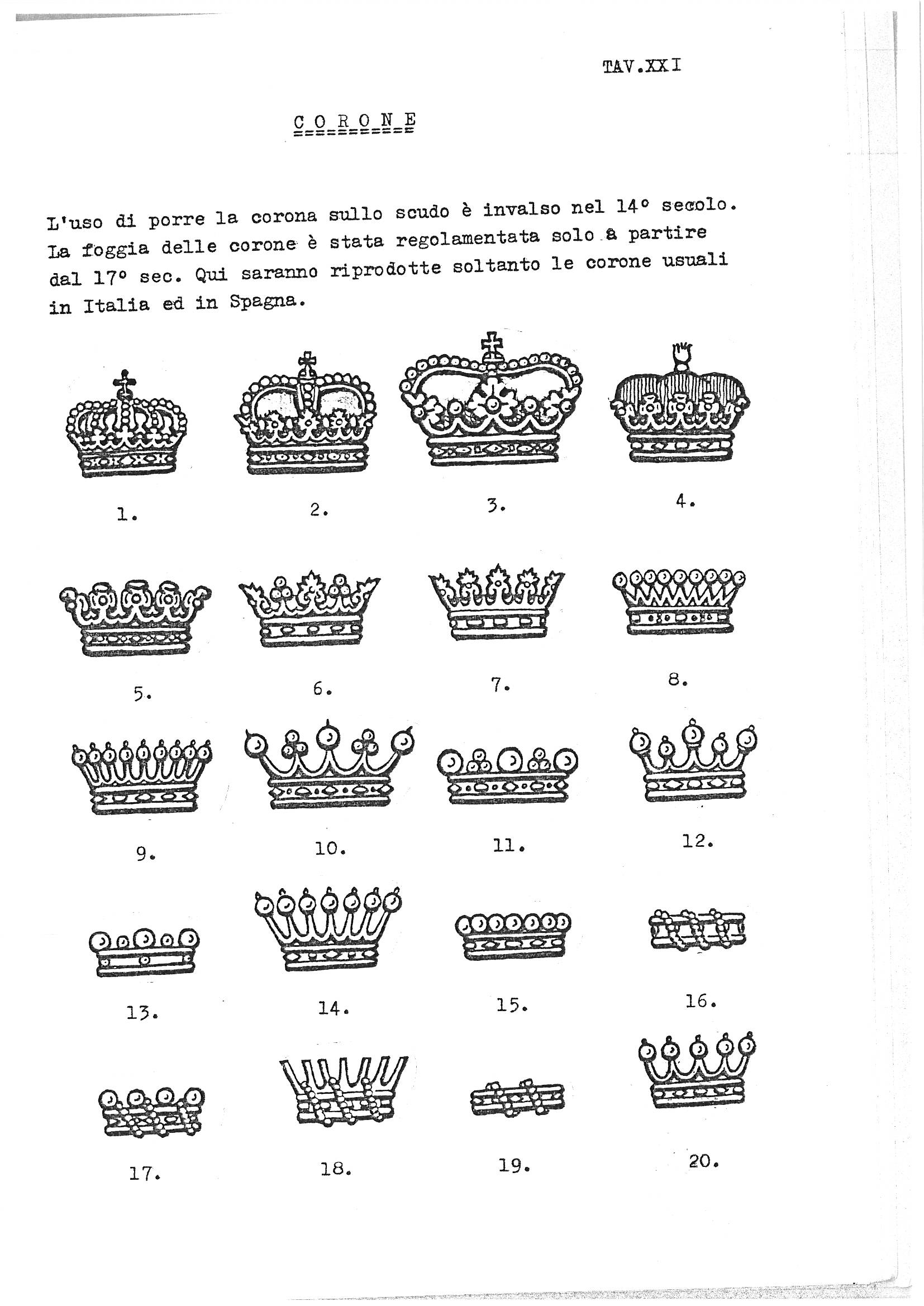 Tavola XXI of this Italian heraldry guide is headed "CORONE" (Crowns) and contains a brief introductory text in Italian followed by twenty numbered line-drawn crowns arranged in five rows of four. The crowns range from closed imperial and royal forms with arches, orbs, and crosses, through open coronets adorned with fleurs-de-lis, strawberry leaves, and pearled points, to simpler civic and baronial coronets with plain points or pearls on stems. The plate serves as a comparative typological reference for the crown forms customarily used in Italian and Spanish heraldry.