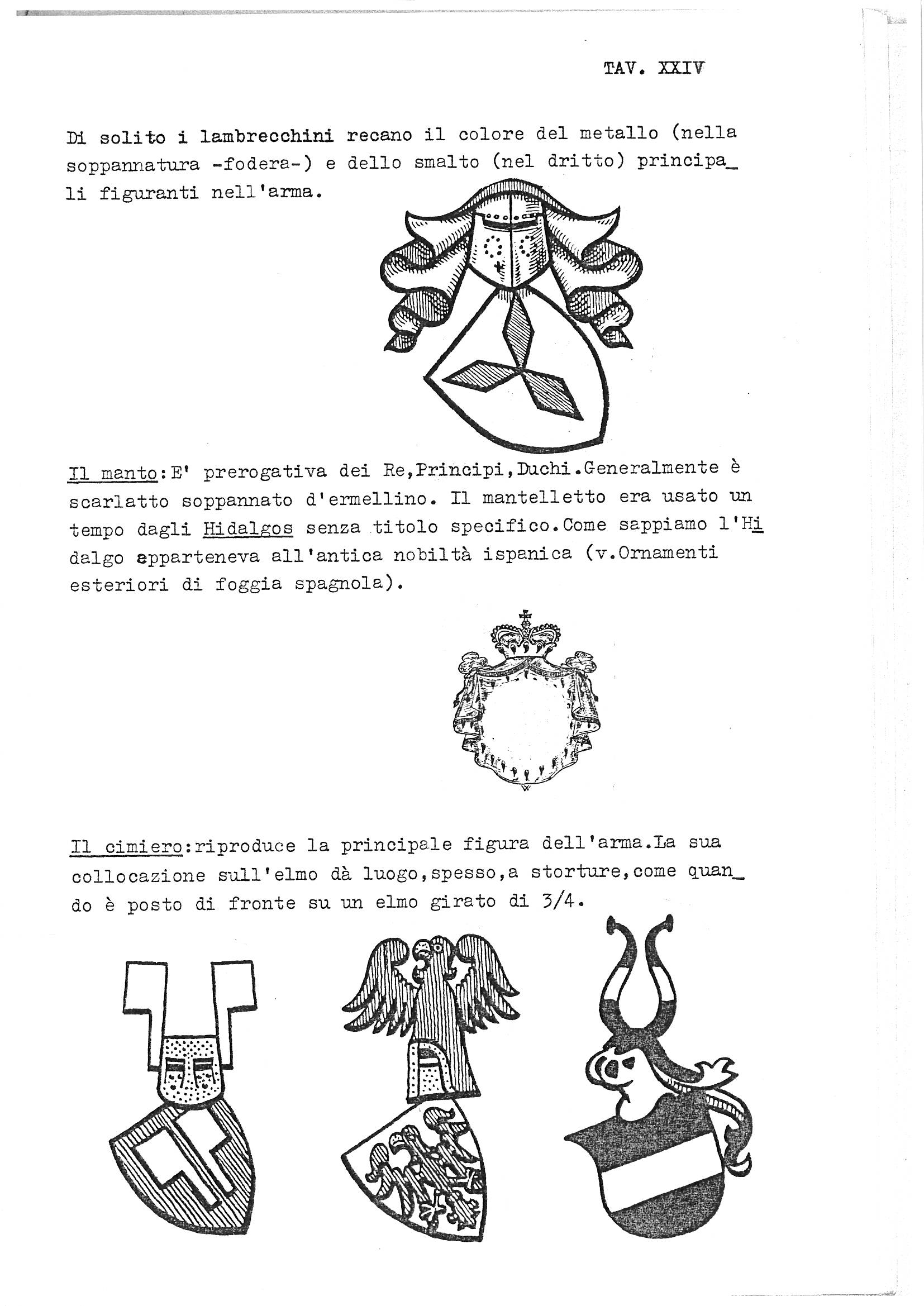 Plate XXIV of this Italian heraldry guide presents three distinct illustration groups demonstrating exterior ornaments: a helm with mantling (lambrequin) over a shield, a blank escutcheon enclosed within a mantled surround topped by a royal crown, and a bottom row of three side-by-side achievements each illustrating a different crest atop a helm and shield. The page uses Italian text to explain that lambrequins bear the tinctures of the principal metal and tincture of the arms, that the mantle is the prerogative of kings, princes, and dukes, and that the crest reproduces the principal charge of the arms. All illustrations are rendered in black-and-white line engraving.