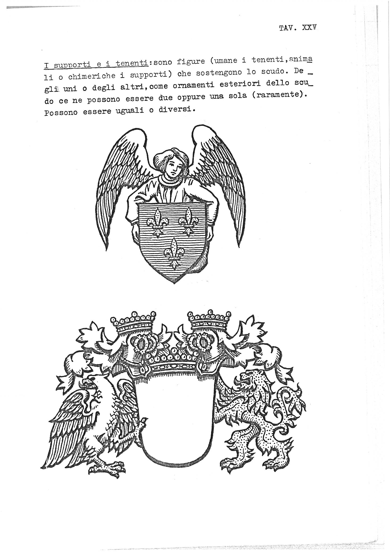 This is a combination plate (TAV. XXV) from an Italian heraldry guide, presenting the topic of exterior ornaments known as supporters and tenants. The page opens with a typewritten paragraph in Italian that defines "tenenti" as human figures and "supporti" as animals or chimeric creatures that hold or flank a heraldic shield, noting that there may be two such figures or rarely one, and that they may be identical or different. Below the text are two black-and-white heraldic illustrations: the first shows a single angelic figure with wings (a tennant) holding a shield charged with fleurs-de-lis; the second shows a blank shield flanked by two different heraldic beasts (a winged lion on the left and a lion on the right), each crowned, with an additional crown displayed centrally above the shield, demonstrating the use of paired but dissimilar supporters.