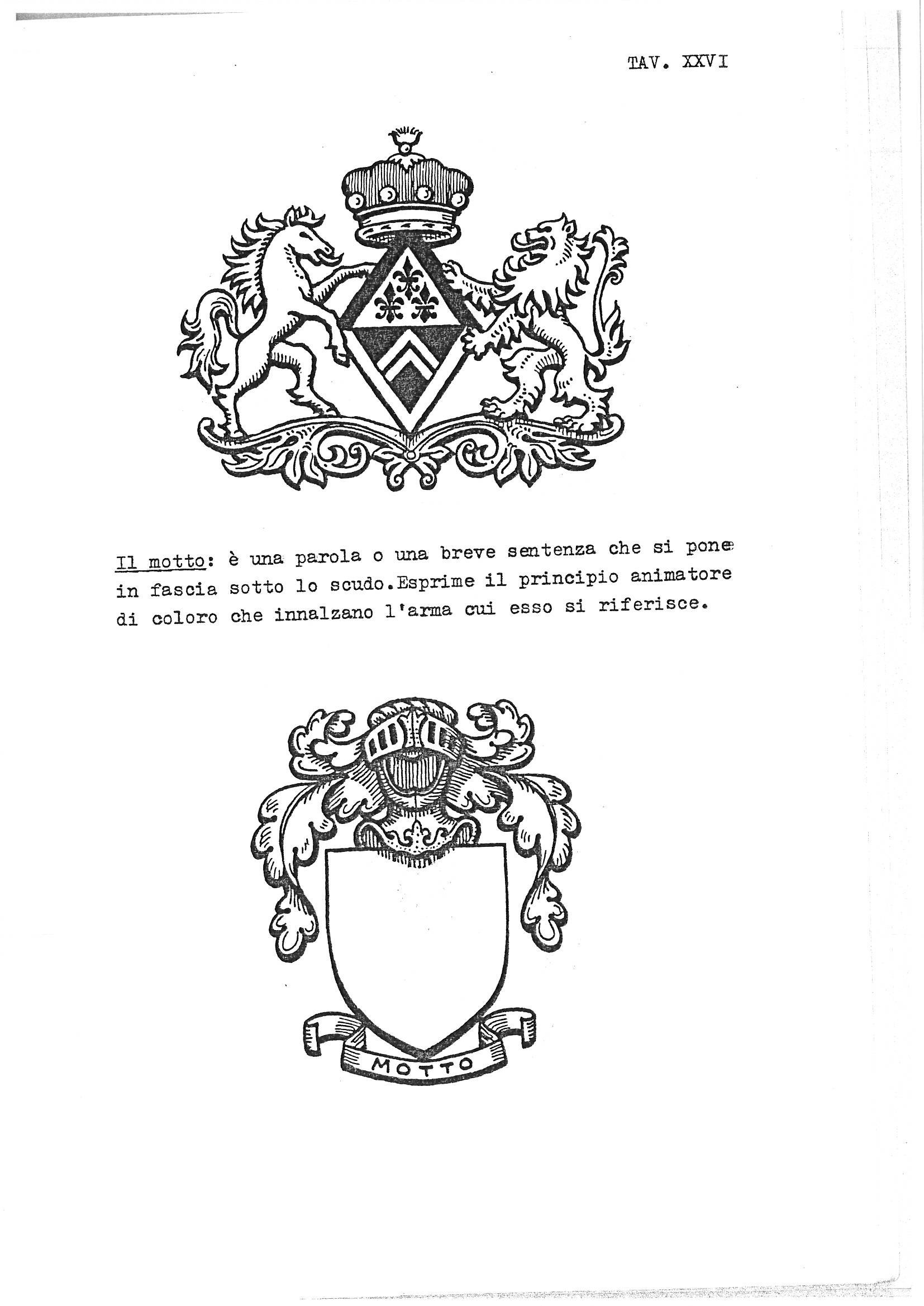 Tavola XXVI of this Italian heraldry guide presents two black-and-white illustrations demonstrating the concept of the motto as an exterior ornament of a coat of arms. The upper illustration shows a fully composed achievement with a shield, coronet, mantling, and two supporters — a horse on the dexter side and a lion on the sinister side. The lower illustration shows a template achievement with a blank shield, a helmet and mantling above, and a scroll beneath bearing the word "MOTTO," accompanied by a block of Italian text explaining that the motto is a word or brief phrase placed on a fess beneath the shield to express the animating principle of those who bear the arms.