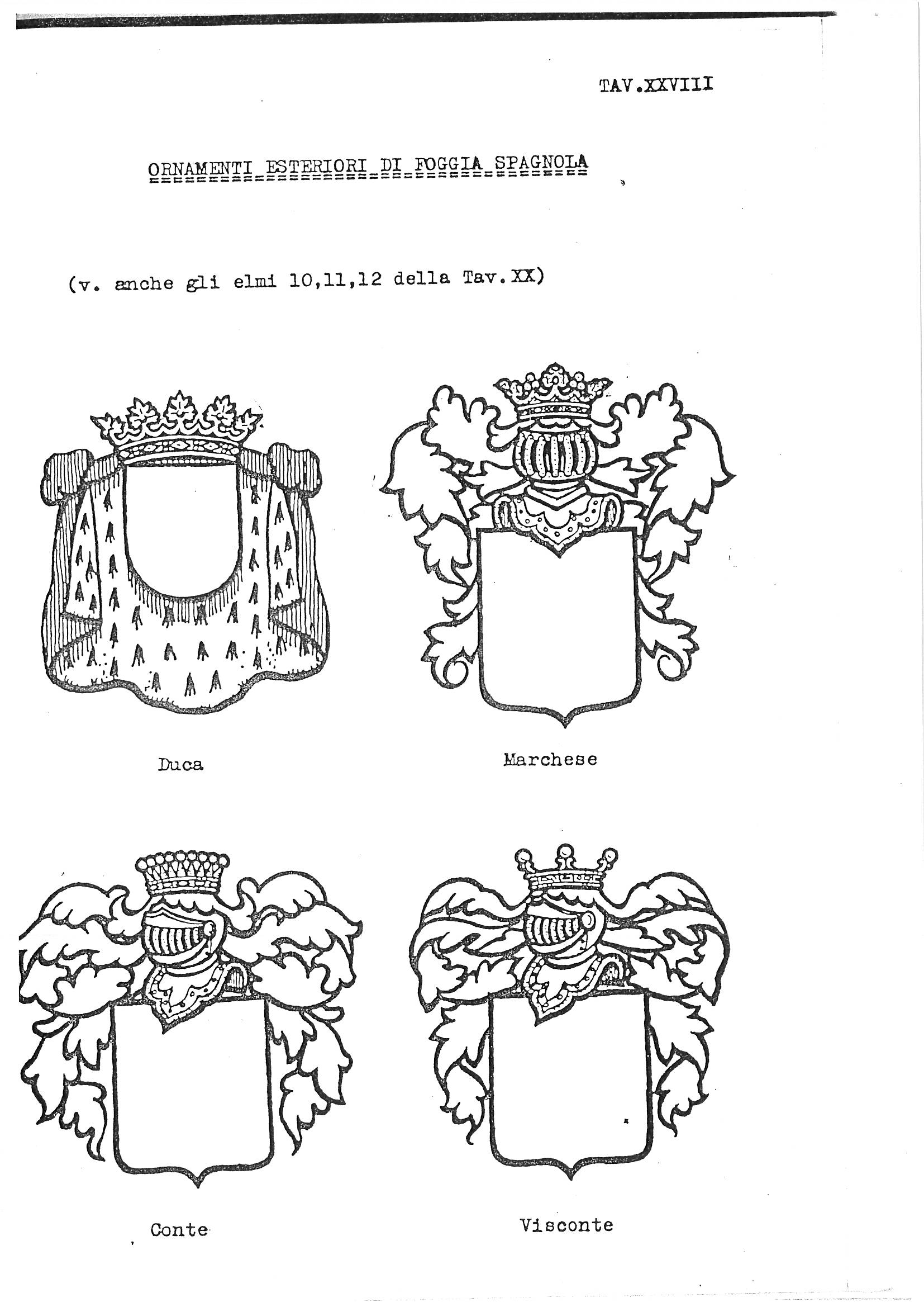 Plate XXVIII of this Italian heraldry guide presents four line-drawn armorial achievements illustrating exterior ornaments in the Spanish style ("Ornamenti Esteriori di Foggia Spagnola"), arranged in two rows of two. Each blank escutcheon is shown with the rank-appropriate exterior ornaments for Duke (Duca), Marquess (Marchese), Count (Conte), and Viscount (Visconte), labeled beneath in Italian. The plate demonstrates, in descending order of heraldic elaboration from top-left, how the complexity of exterior ornaments diminishes with rank, with the Duke's achievement being by far the most elaborate.