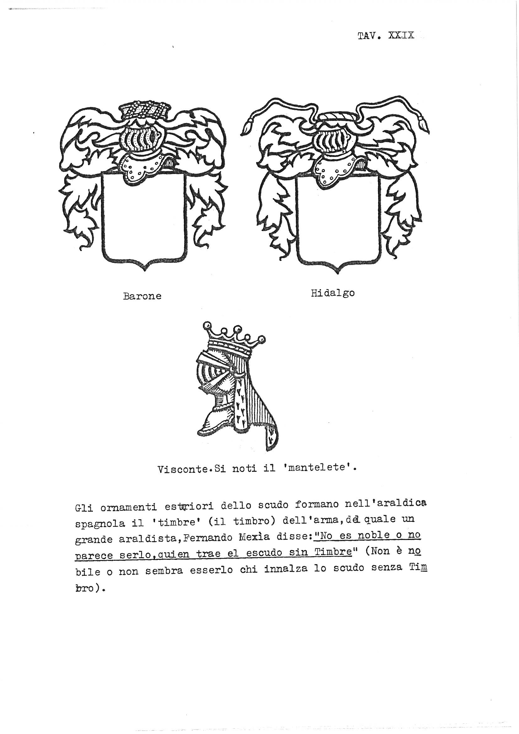 Plate XXIX presents three line-drawn illustrations of Spanish heraldic exterior ornaments (*timbres*) arranged vertically on the page, with a block of Italian and quoted Spanish text below. The upper row shows two complete achievements side by side, labeled "Barone" (Baron) and "Hidalgo" respectively, each consisting of a blank escutcheon surmounted by a tilting helmet with mantling but no charges on the shield. Below them, centered and labeled "Visconte" (Viscount), appears an isolated helmet without a shield, notable for its mantelete — a hanging lambrequin attached directly to the helm. The plate demonstrates the Spanish system of exterior ornaments (*timbre*) as rank-indicators, illustrated through three distinct noble grades.