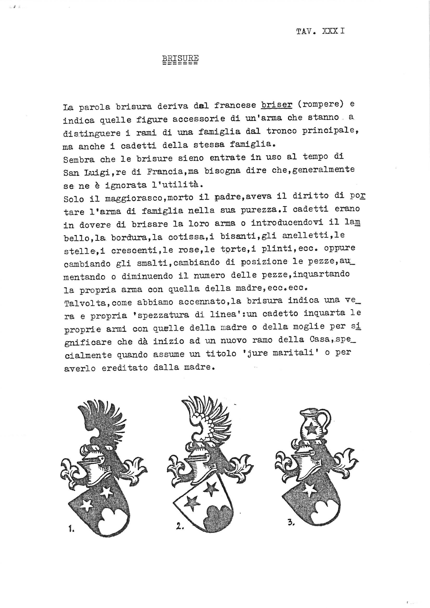 Plate XXXI on Brisure (heraldic marks of cadency) from a Italian heraldry guide. The page contains a detailed explanation in Italian of the term "brisura," its French etymology from "briser" (to break), and its use in marking junior branches of noble families. Below the text are three numbered examples of heraldic arms (numbered 1, 2, 3), each displaying an eagle crest atop a shield with various heraldic charges including stars and curved charges (possibly roundels or nebuly shapes — exact identification uncertain), demonstrating different applications of brisure modifications.