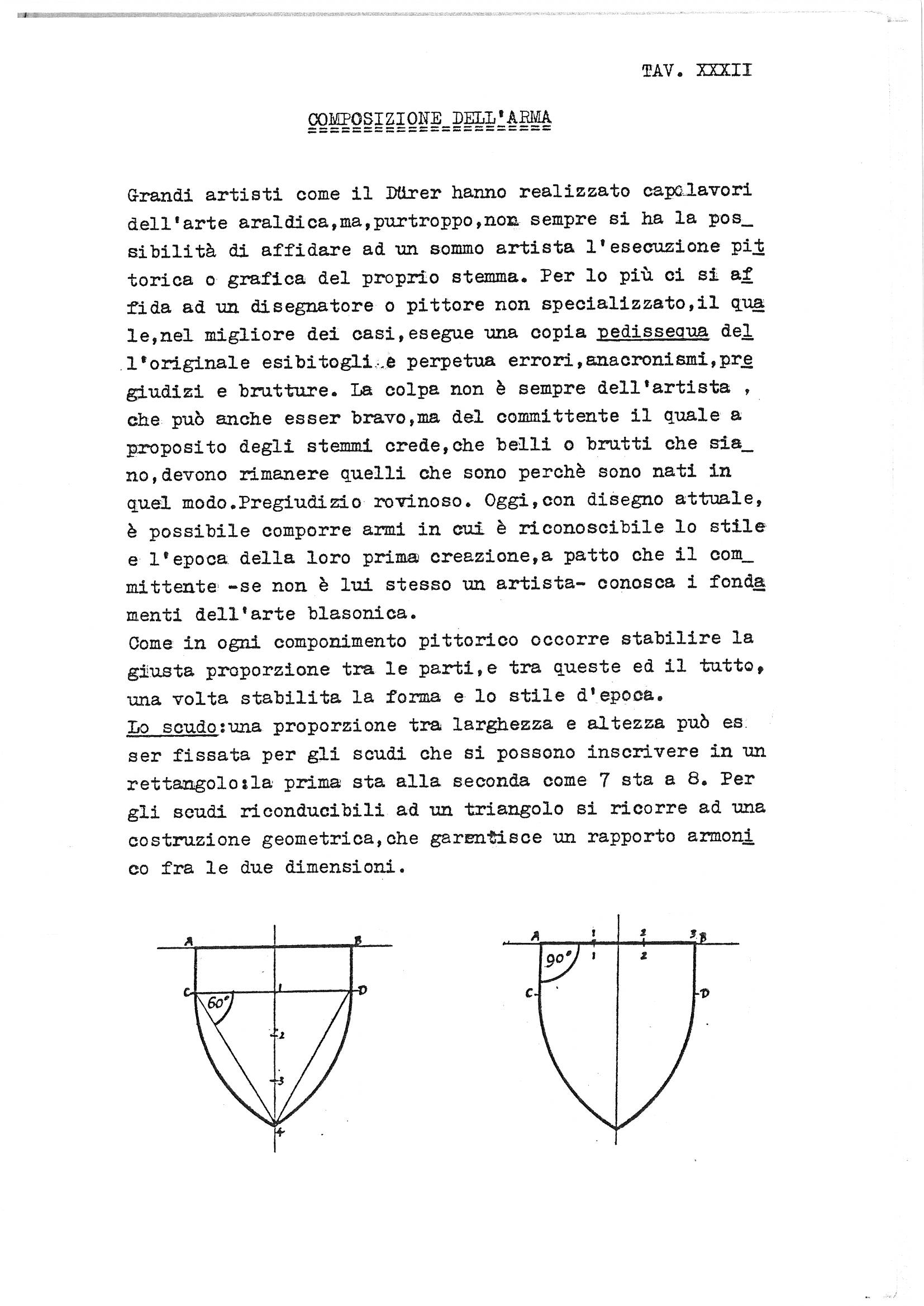 This is a combination text-and-diagram page from an Italian heraldry guide, labelled as plate XXXII (TAV. XXXII), titled "Composizione dell'Arma" (Composition of the Coat of Arms). The page opens with a discursive paragraph discussing the importance of artistic quality in heraldic execution, noting that great artists like Dürer produced masterpieces of heraldic art, but that commissioners often entrust work to non-specialist artists who perpetuate errors and anachronisms, and that the fault lies as much with the commissioner as with the artist. It then transitions to a technical section on shield proportions, explaining that for shields inscribable in a rectangle the width-to-height ratio is 7:8, and that for triangular shields a geometric construction is used to ensure a harmonious ratio. The lower half of the page contains two line-drawn geometric diagrams illustrating these construction methods: the left shows a pointed Gothic-style shield with a 60° angle construction, and the right shows a rounded shield with a 90° angle construction, both with labelled reference points (A, B, C, D) and numbered measurement divisions.

---
