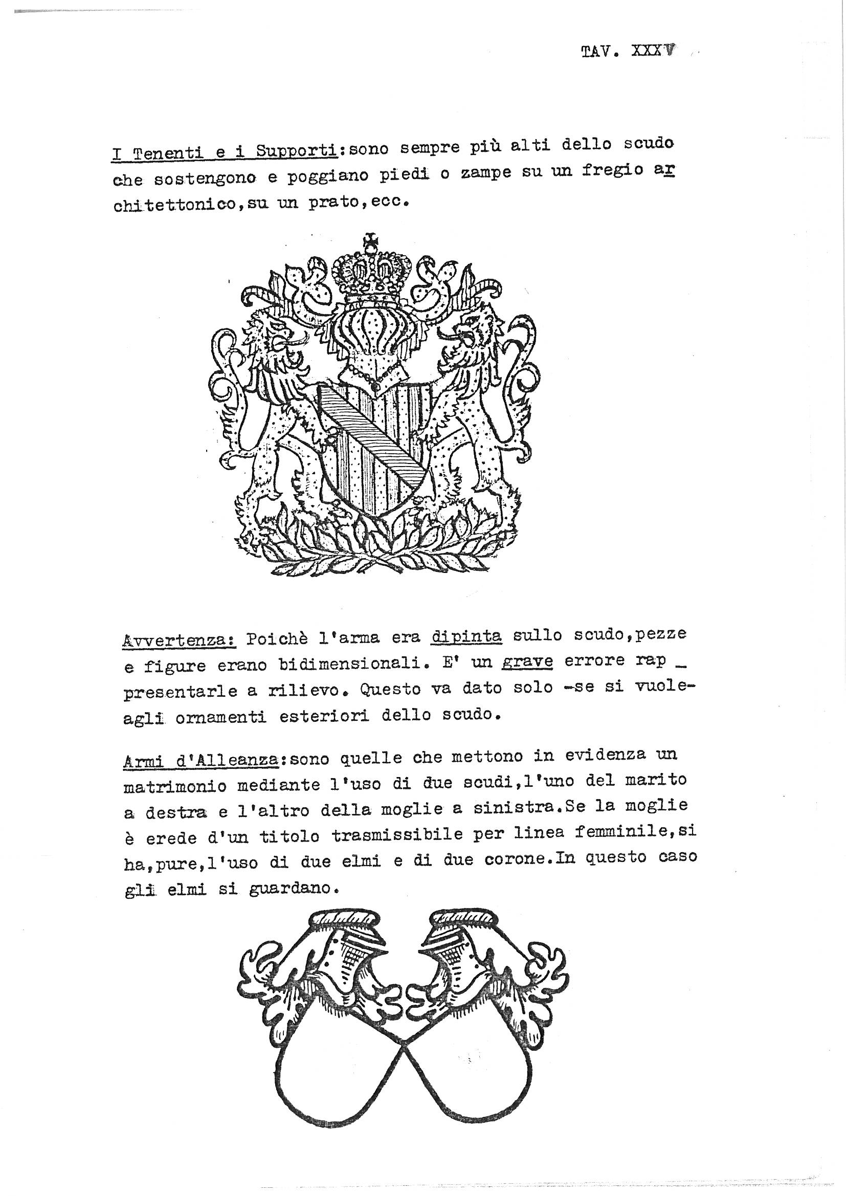 Page 39 (TAV. XXXV) from a Italian heraldry guide on the composition of heraldic arms (Composizione dell'Arma), showing mixed-type heraldry. The page contains explanatory paragraphs about supporters and alliance arms, with two detailed illustrations: a complete coat of arms with crowned shield and supporters, and below it a diagram of two facing helmets with crowns on paired shields representing marital alliance arms.
